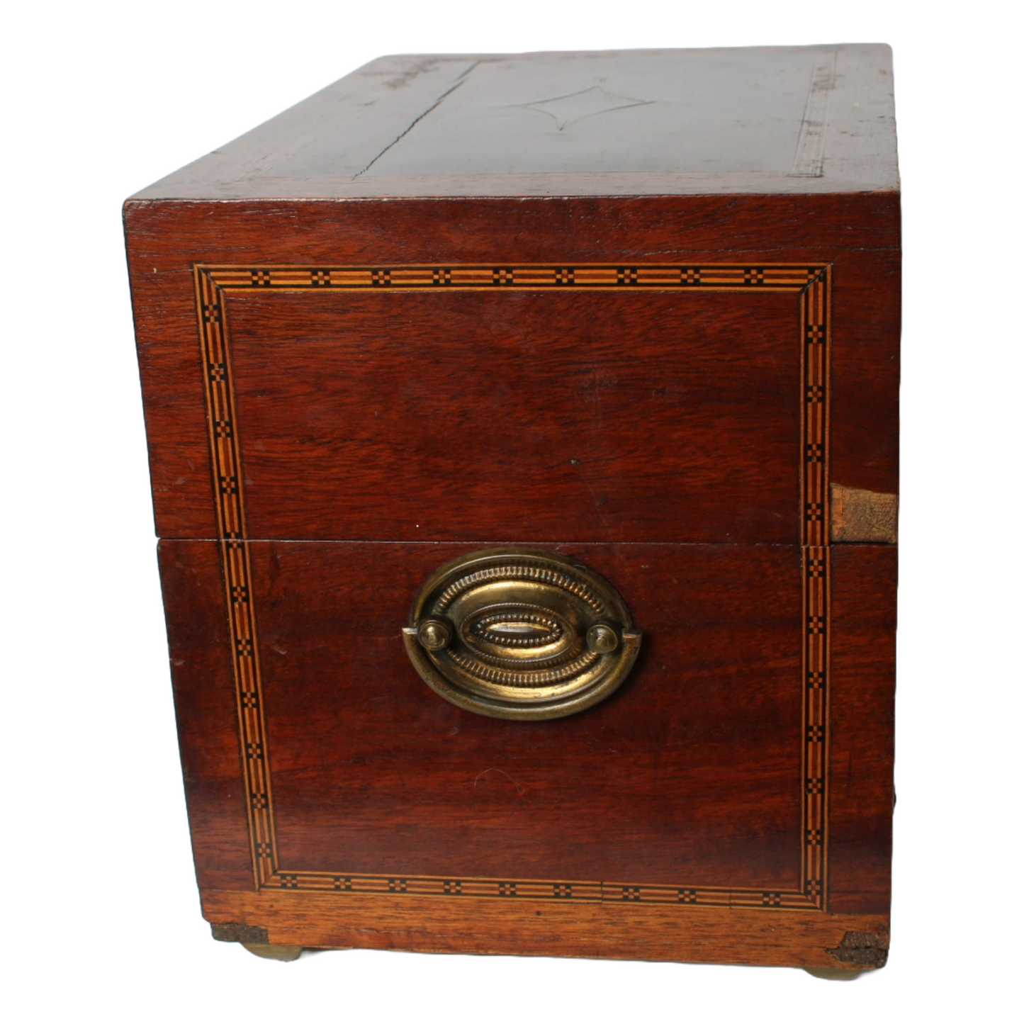 Antique mahogany liquor chest with six hand-blown gilded glass decanters