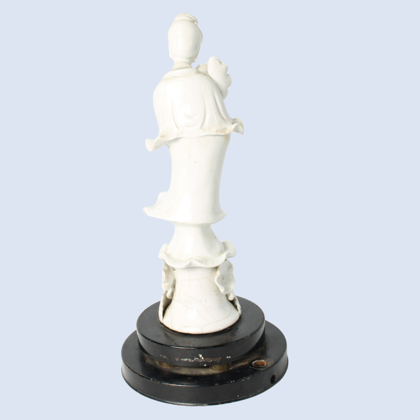 White Porcelain Guanyin Figure on Wooden Base, ca. 1920–1940, Blanc de Chine