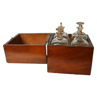Antique Wooden Tantalus Liquor Box with Four Hand-Blown Decanters – ca. 1850