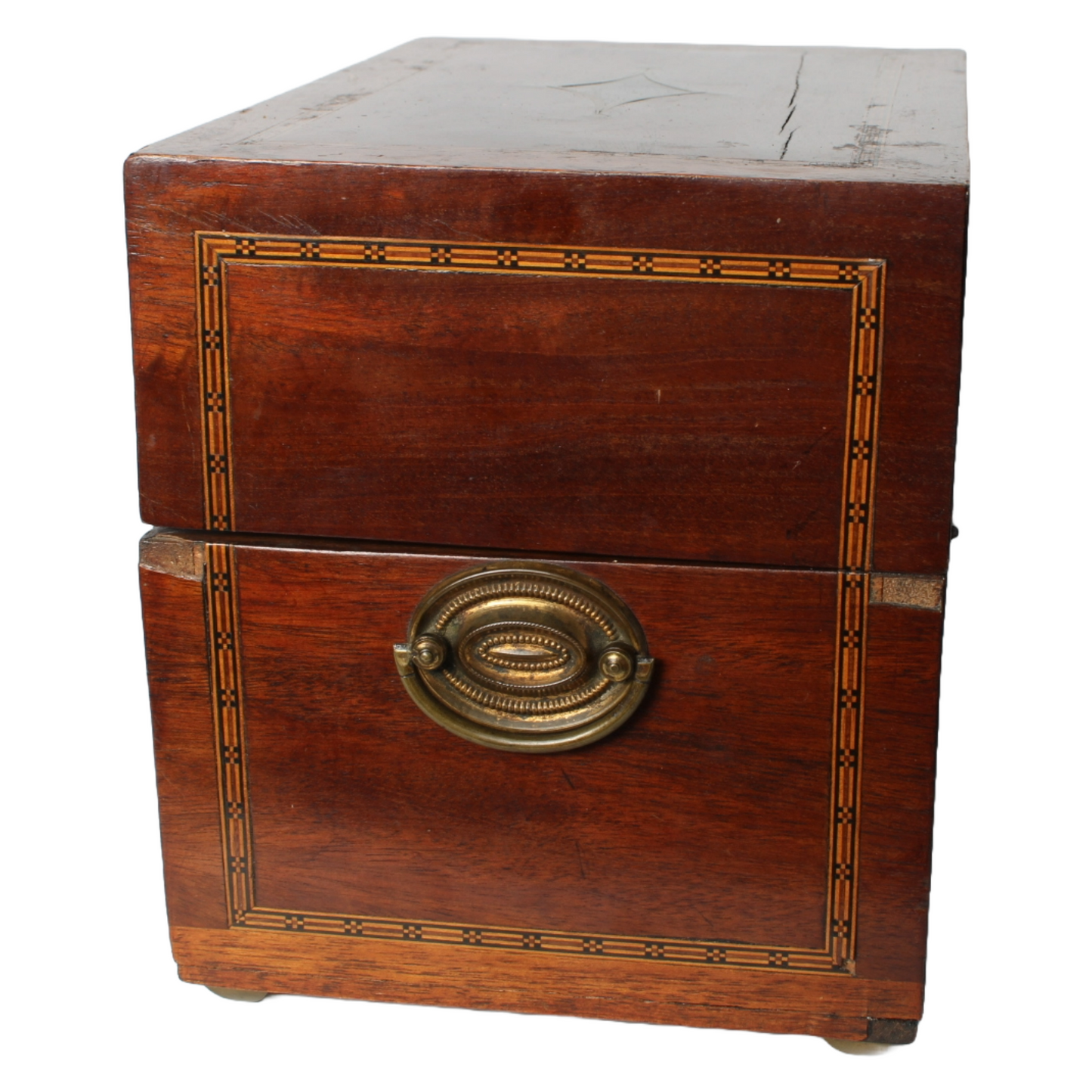 Antique mahogany liquor chest with six hand-blown gilded glass decanters