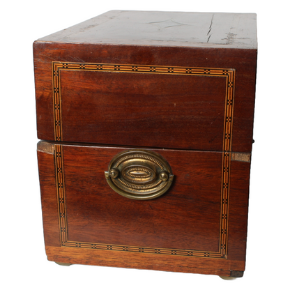Antique mahogany liquor chest with six hand-blown gilded glass decanters