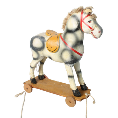 Antique Handcrafted Papier-Mâché Pull Horse on Wheels, French Toy, Circa 1900