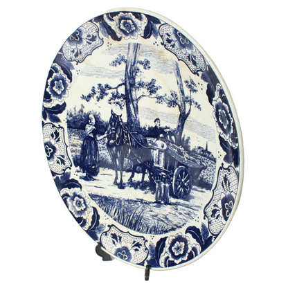 Authentic Chemkefa Delft Blue Decorative Plate with Rural Scene, Horse and Cart,