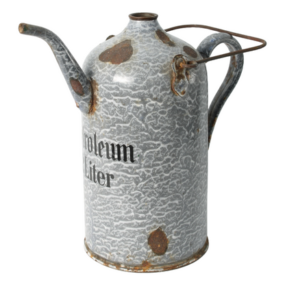 Vintage Enamel Petroleum Can 2 Liter, Gray Marbled Design, Early 20th Century