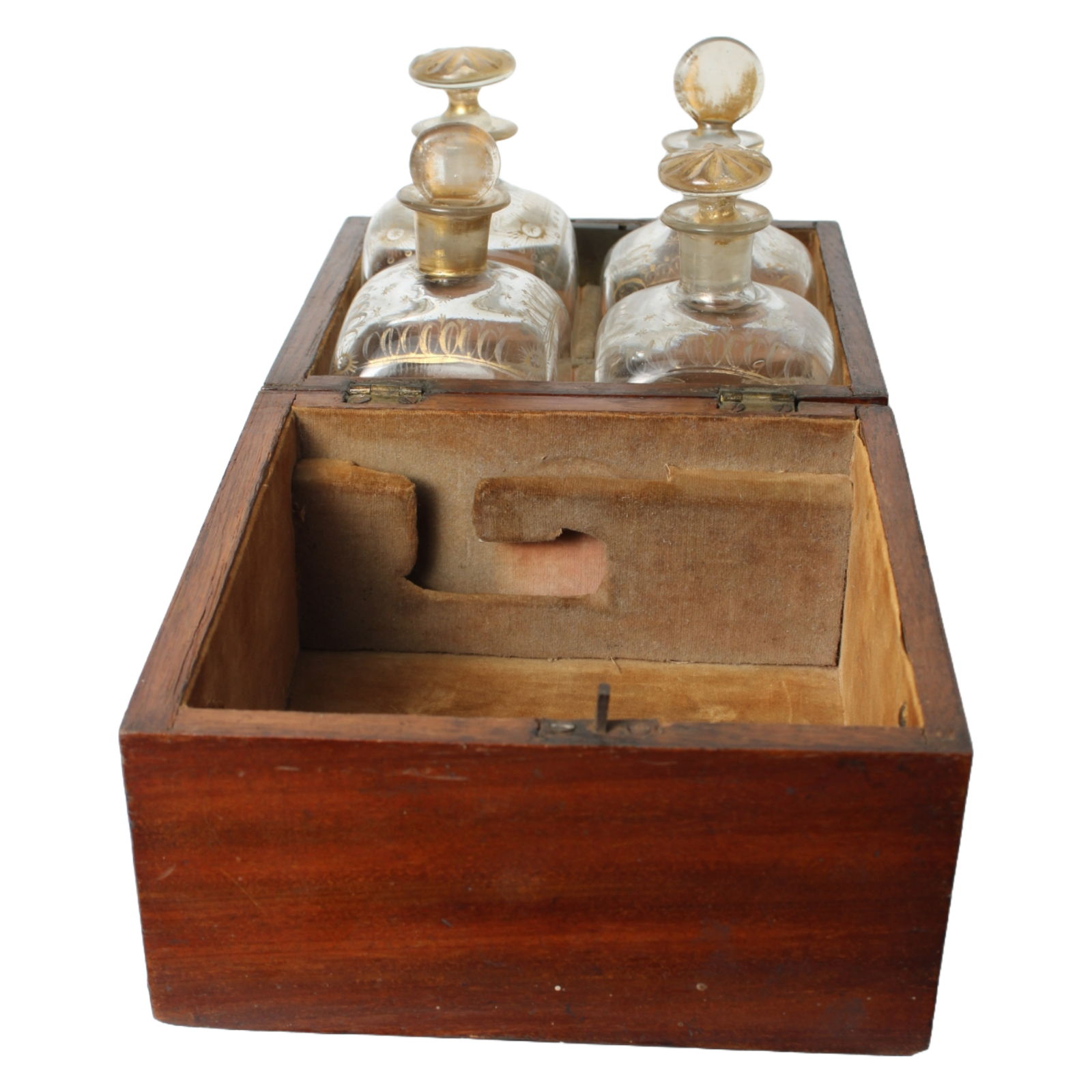 Antique Wooden Tantalus Liquor Box with Four Hand-Blown Decanters – ca. 1850