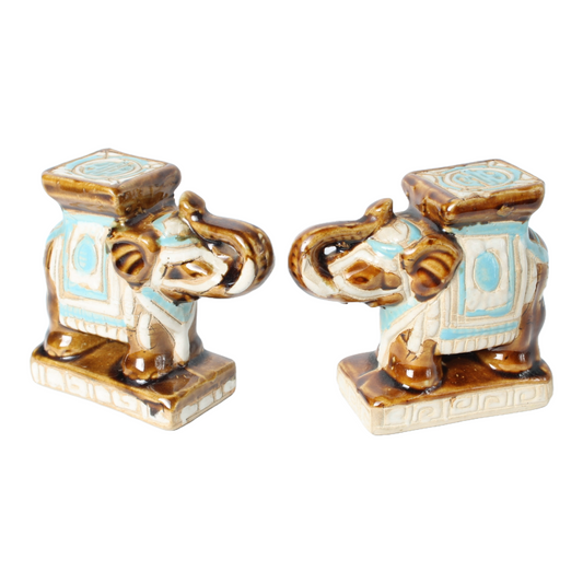 Set of 2 Vintage Ceramic Elephant Figurines with Hand-Painted Blue and Brown