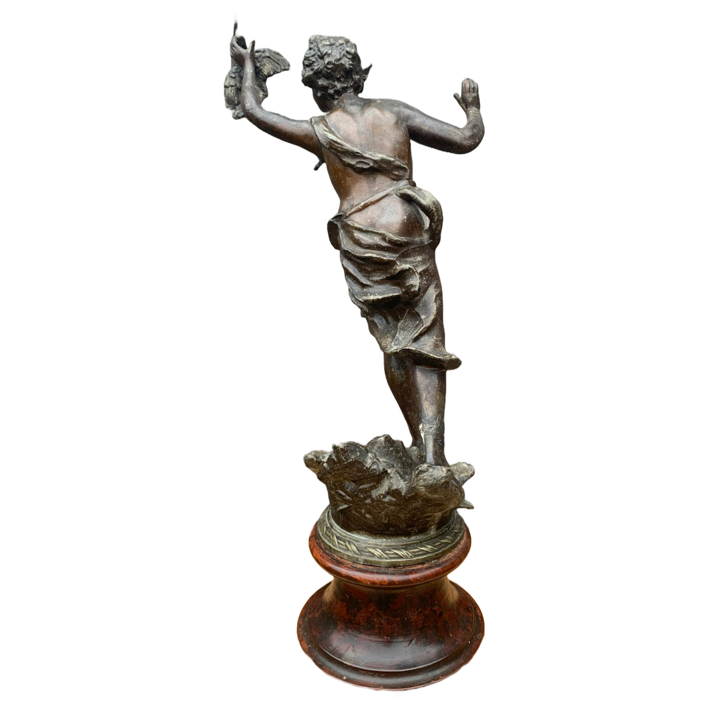 Antique French Bronze Sculpture "La Chasse", Early 1900s, Child with Hunting Bir