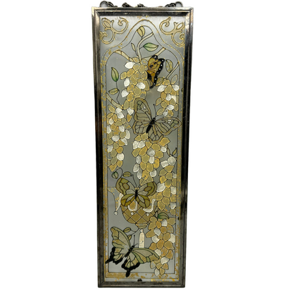 Vintage Hand-Painted Glass Panel, Butterfly and Floral Motif, Unique 1960s Artwo