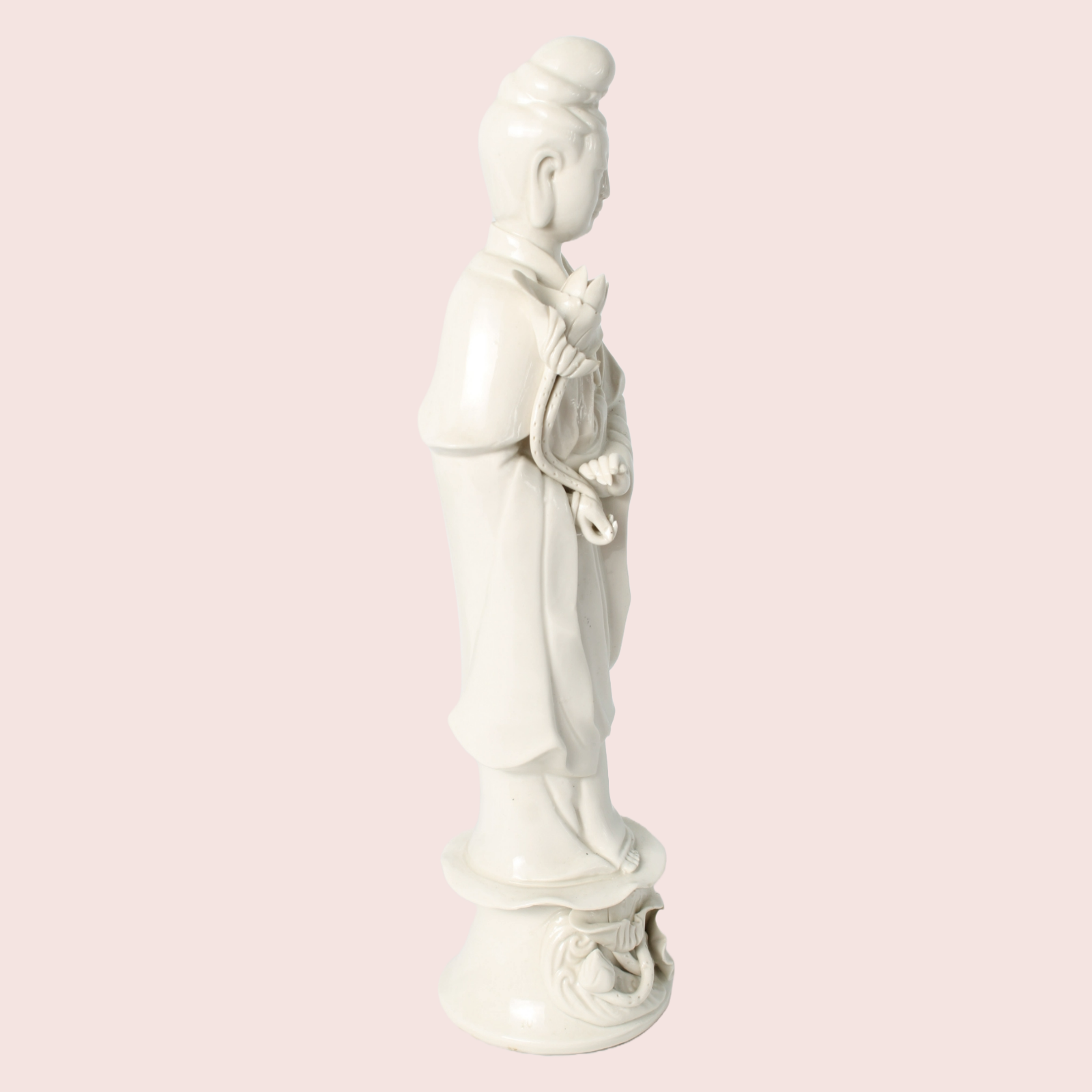 Vintage blanc-de-Chine Guanyin statue from China – white porcelain with lotus