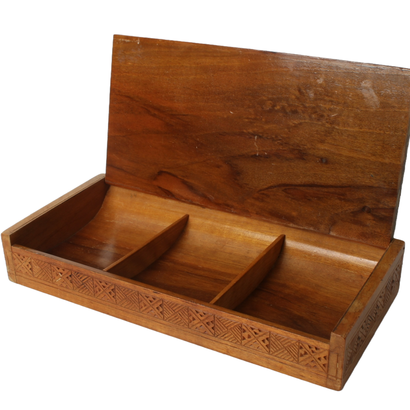 Antique Wooden Storage Box – Hand-Carved Geometric Design – Decorative and Funct