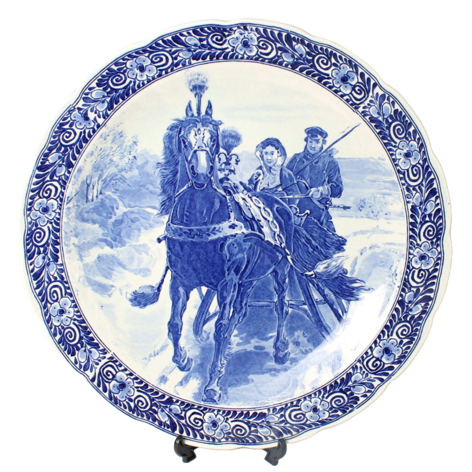 Large Hand-Painted Petrus Regout Decorative Plate with Winter Sleigh Scene
