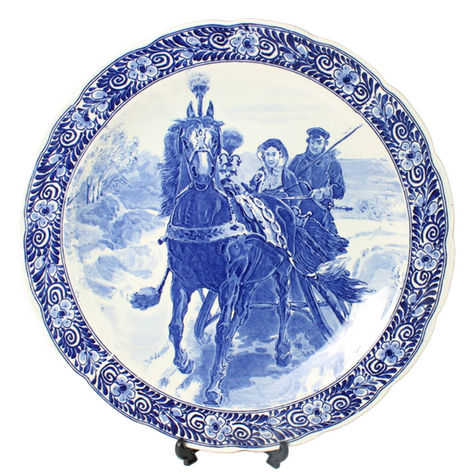 Large Hand-Painted Petrus Regout Decorative Plate with Winter Sleigh Scene