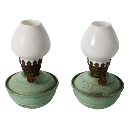 Vintage English Oil Lamp Set – Green Metal Kerosene Lamps with Brass Burner
