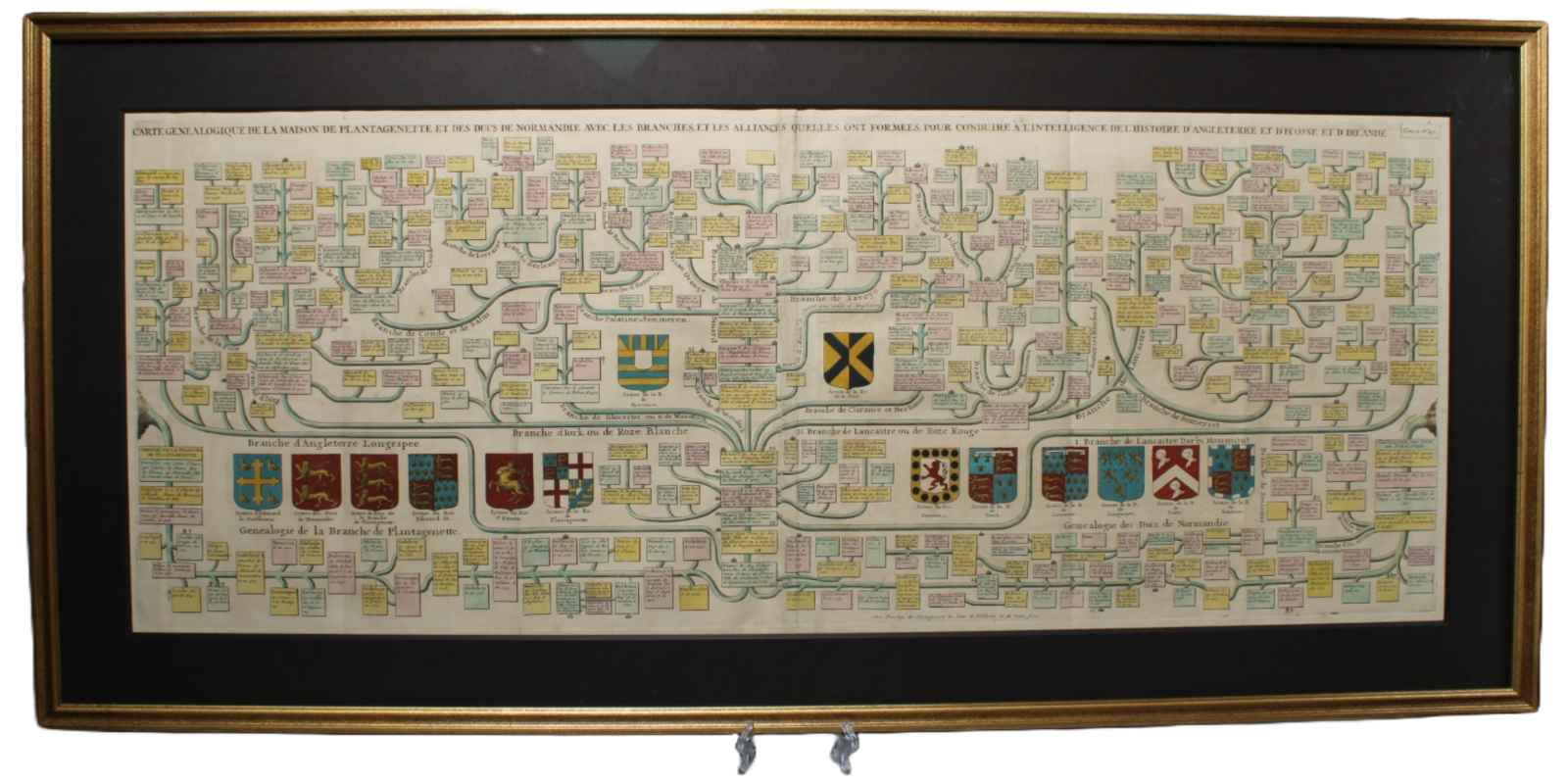 Unique 18th-Century Genealogical Map of the House of Plantagenet - Framed