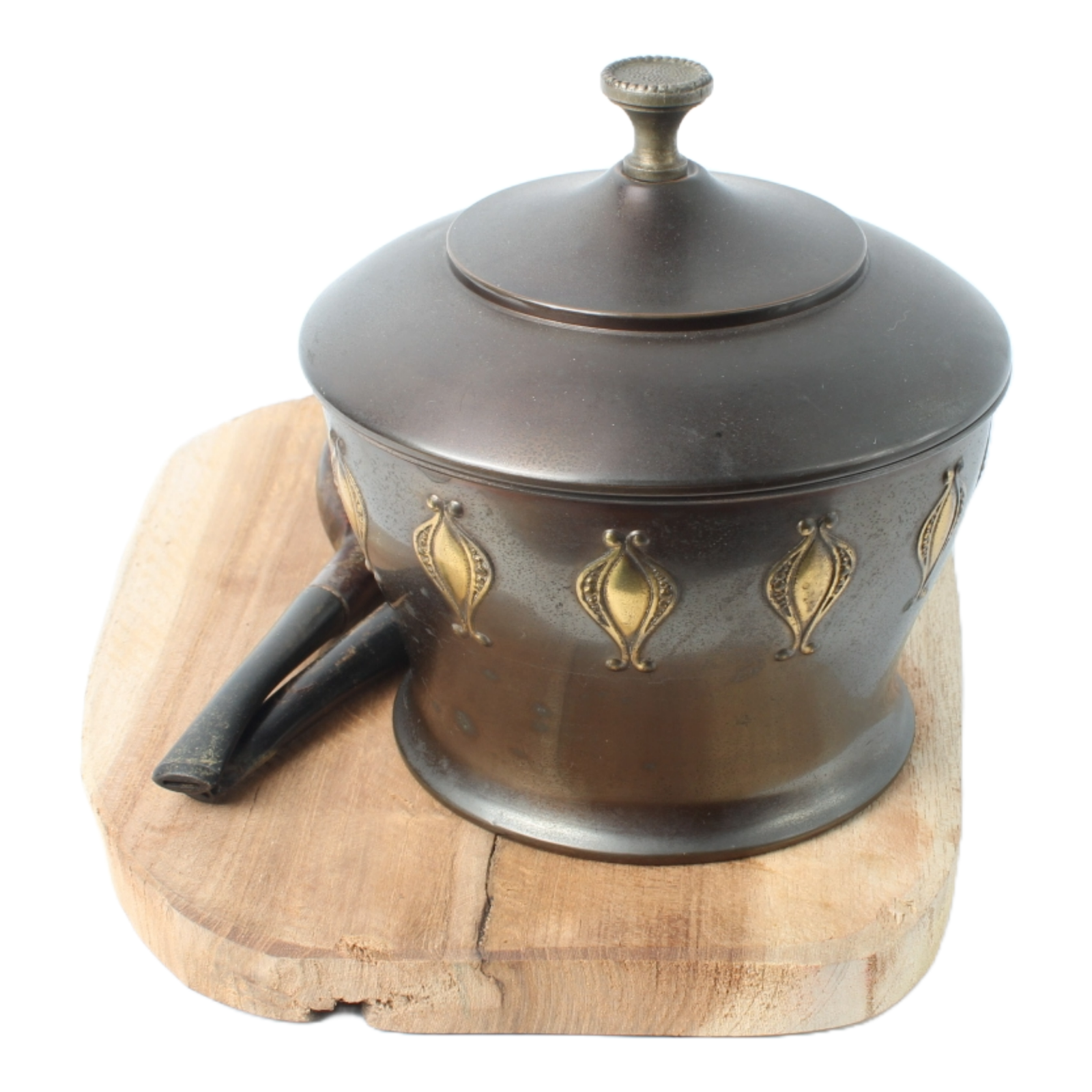 Vintage metal tobacco jar with wooden pipes, tin box and rustic wooden tray