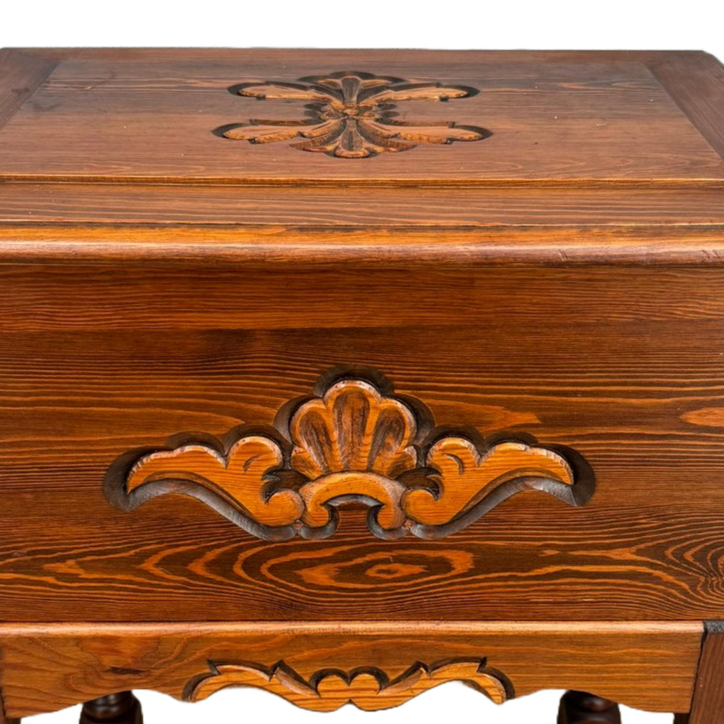 Vintage Scandinavian Sewing Chest on Legs with Hand-Carved Details