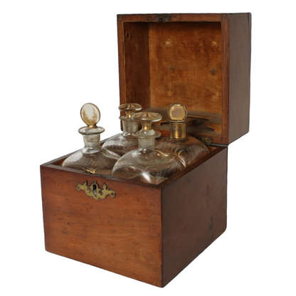 Antique Wooden Tantalus Liquor Box with Four Hand-Blown Decanters – ca. 1850