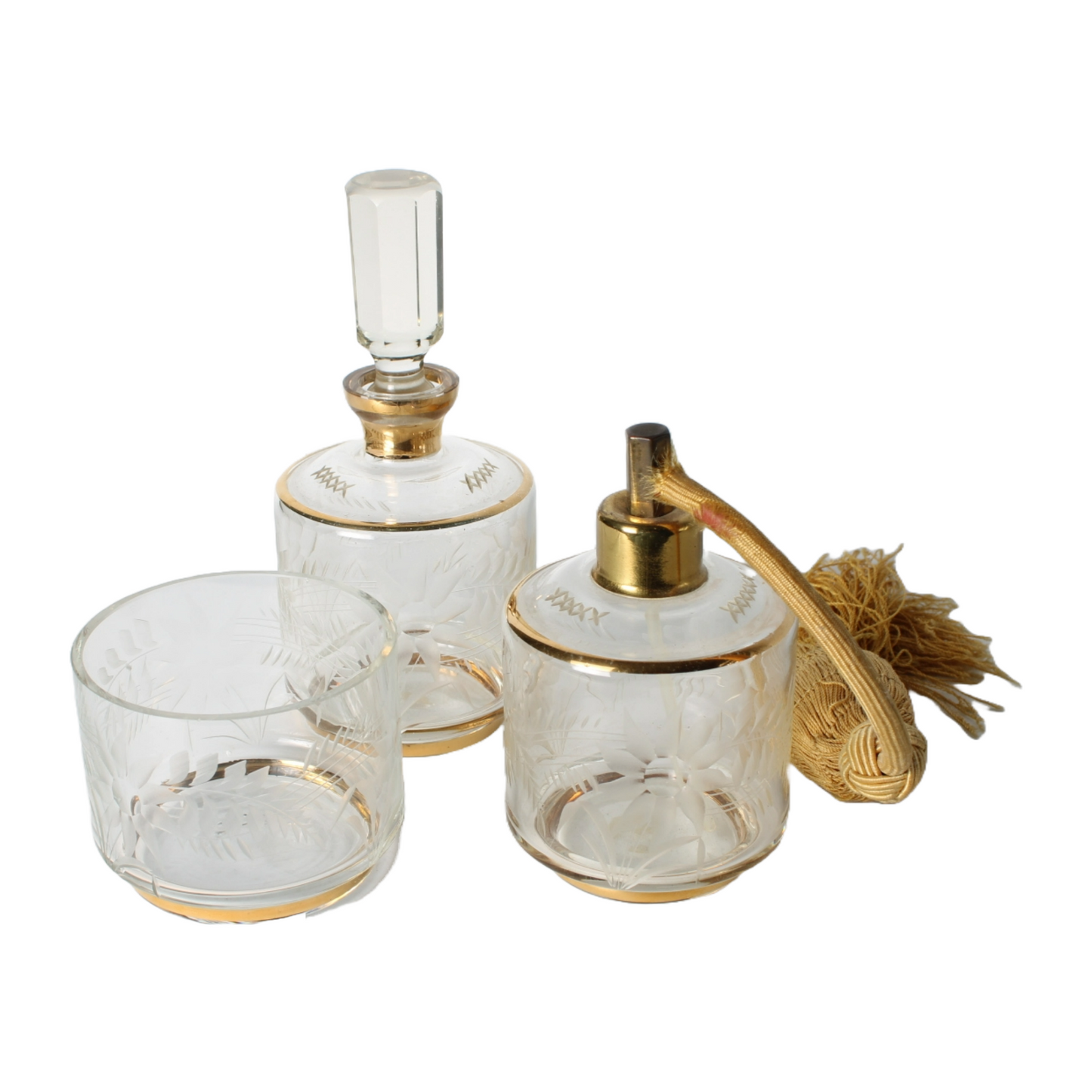 Antique Art Deco Perfume Set | Etched Glass with Gilding | Luxury Vanity