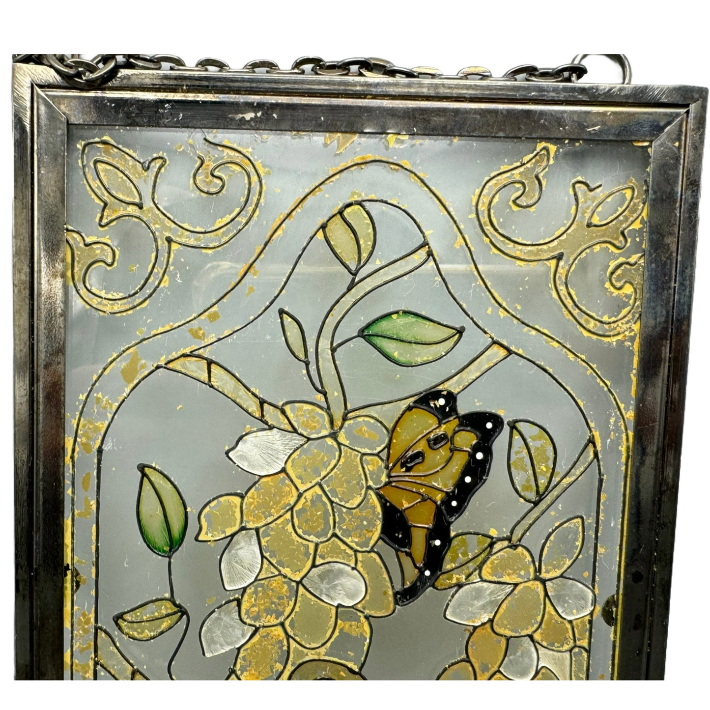Vintage Hand-Painted Glass Panel, Butterfly and Floral Motif, Unique 1960s Artwo