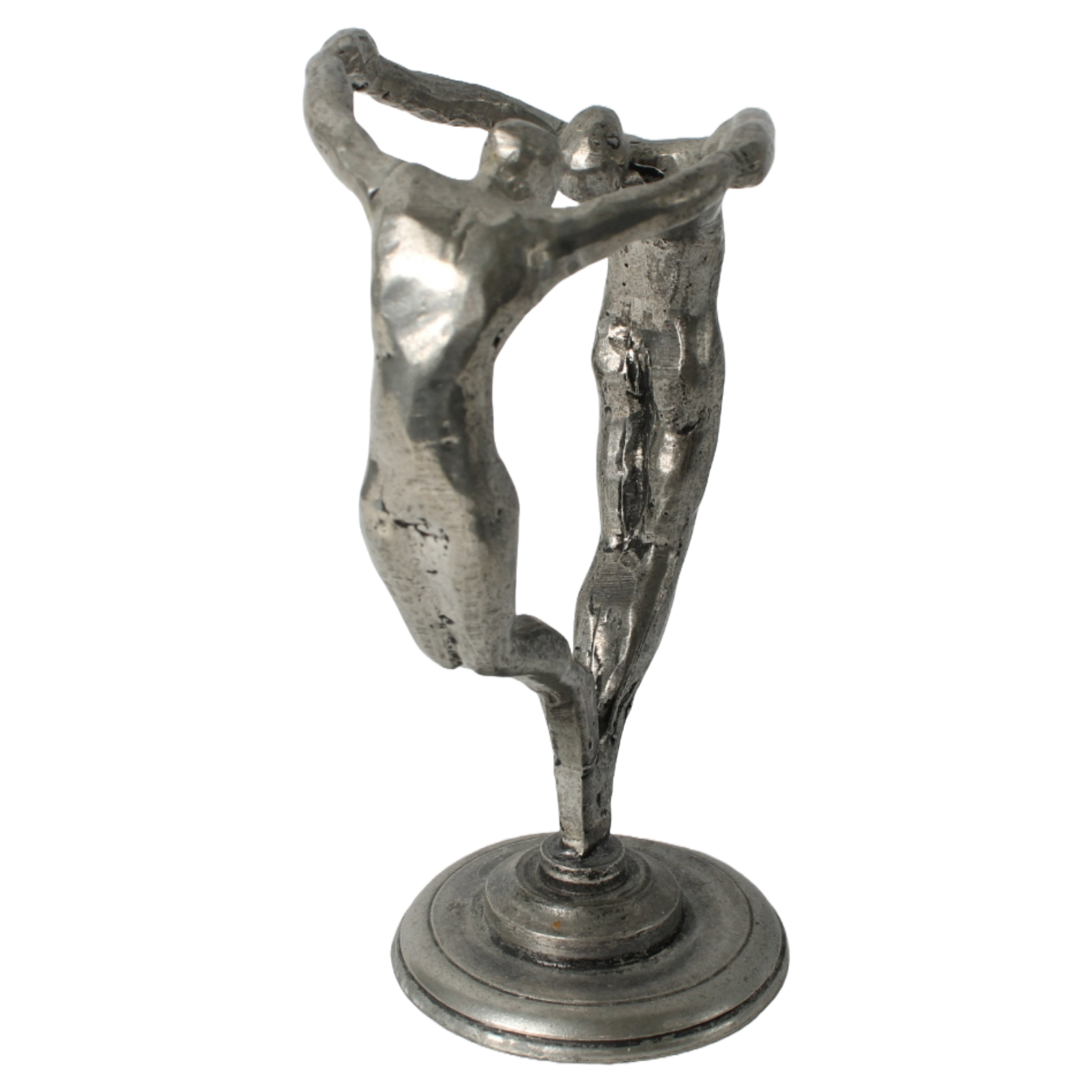 Abstract Pewter Sculpture – Stylized Two-Figure Artwork, Circular Design