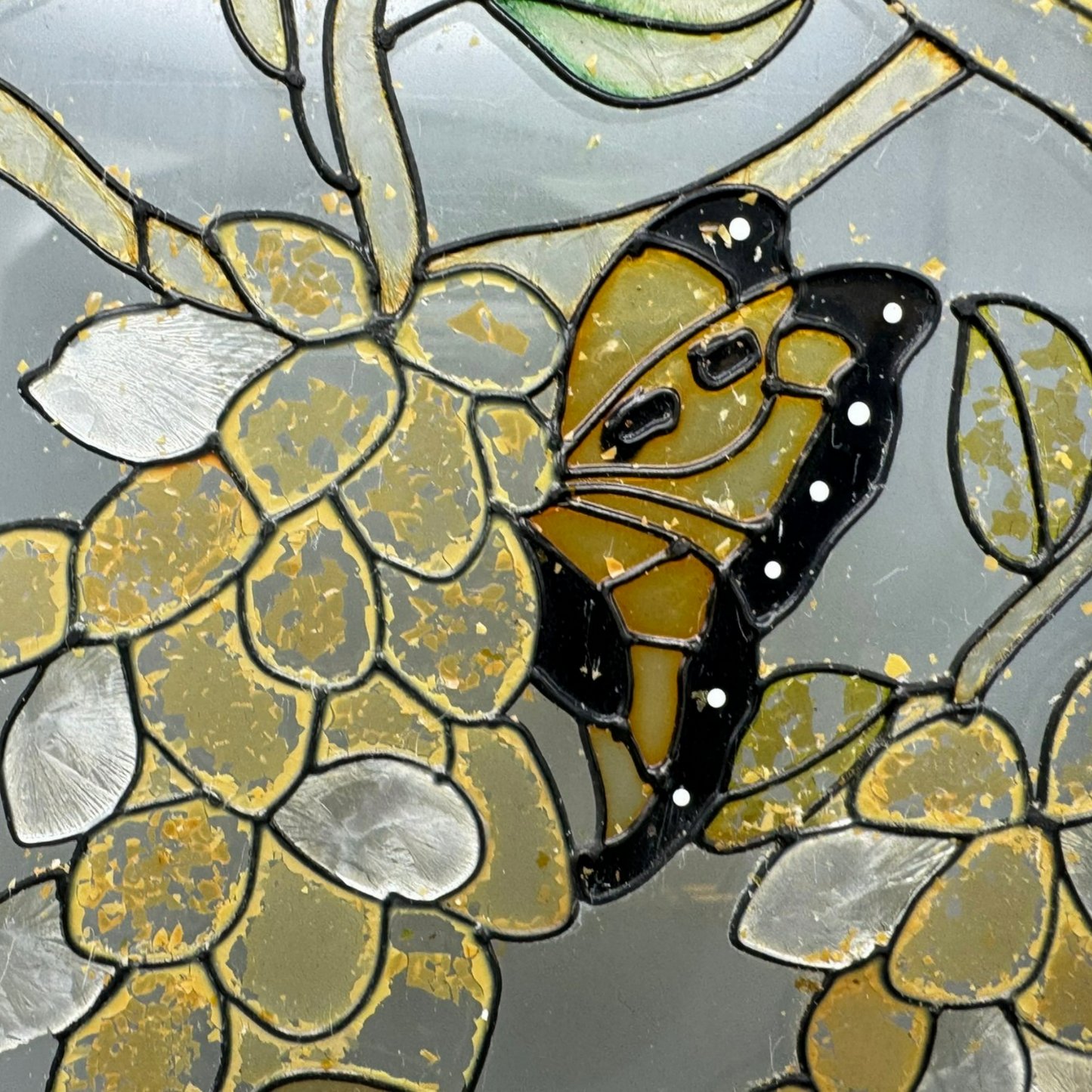 Vintage Hand-Painted Glass Panel, Butterfly and Floral Motif, Unique 1960s Artwo