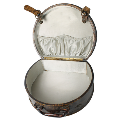 Antique round hat box with leather handle and straps – elegant ladies' travel