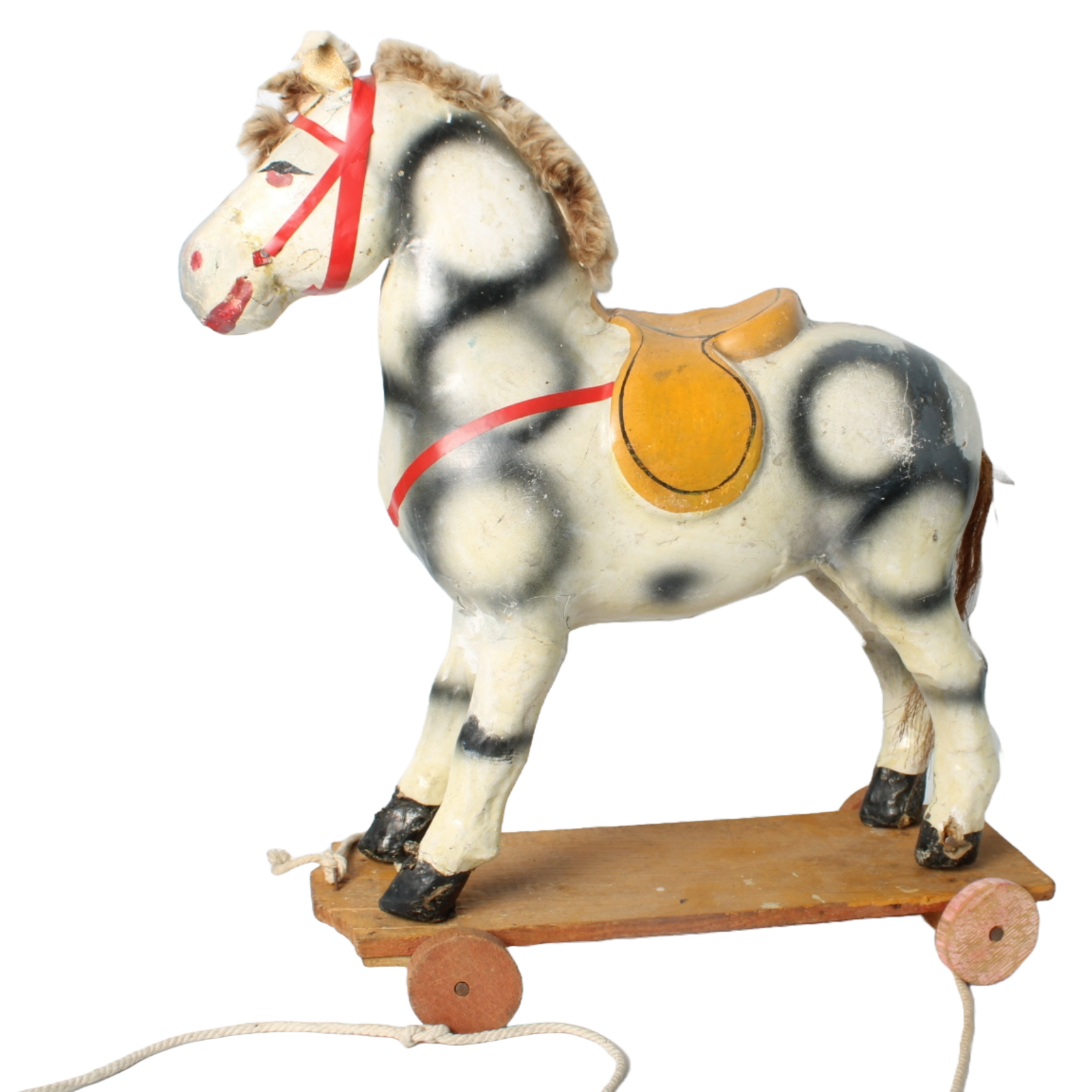 Antique Handcrafted Papier-Mâché Pull Horse on Wheels, French Toy, Circa 1900