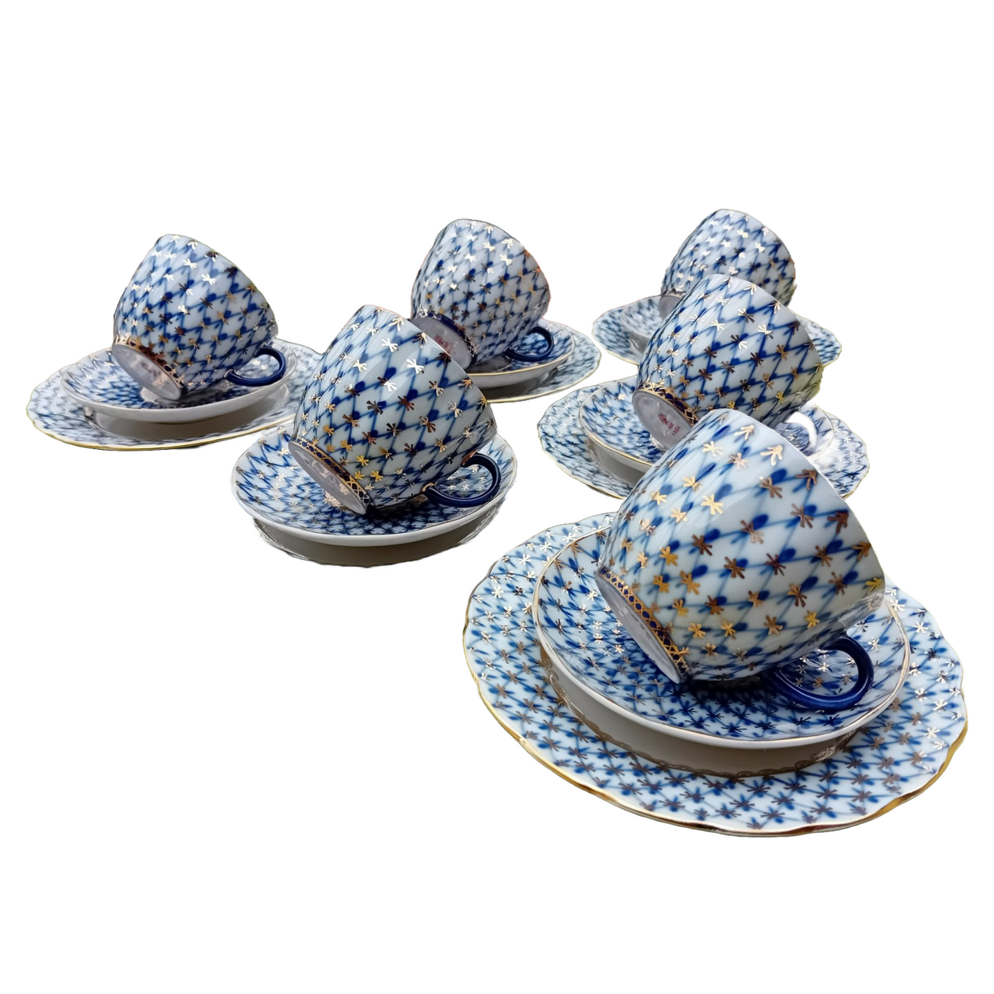 Luxury 23-Piece Vintage Lomonosov Cobalt Net Coffee Set with Gold Accents