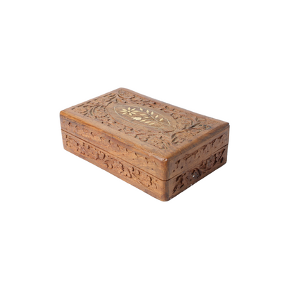 Hand-Carved Wooden Jewelry Box from India with Floral Relief and Inlaid Panel