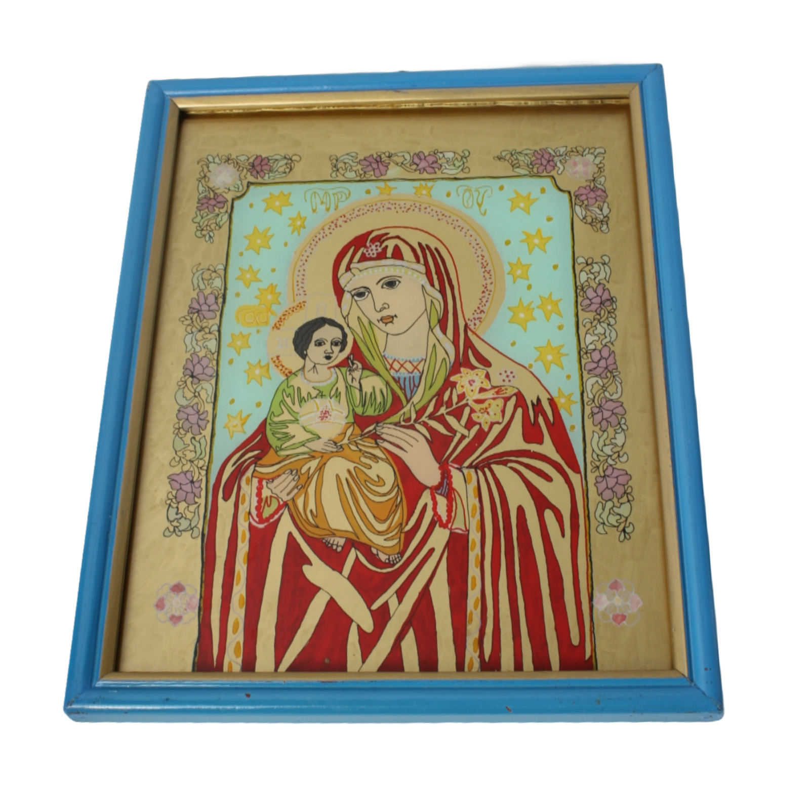 Hand-painted Orthodox Icon of Virgin Mary and Child, Vintage Religious Icon 24x3