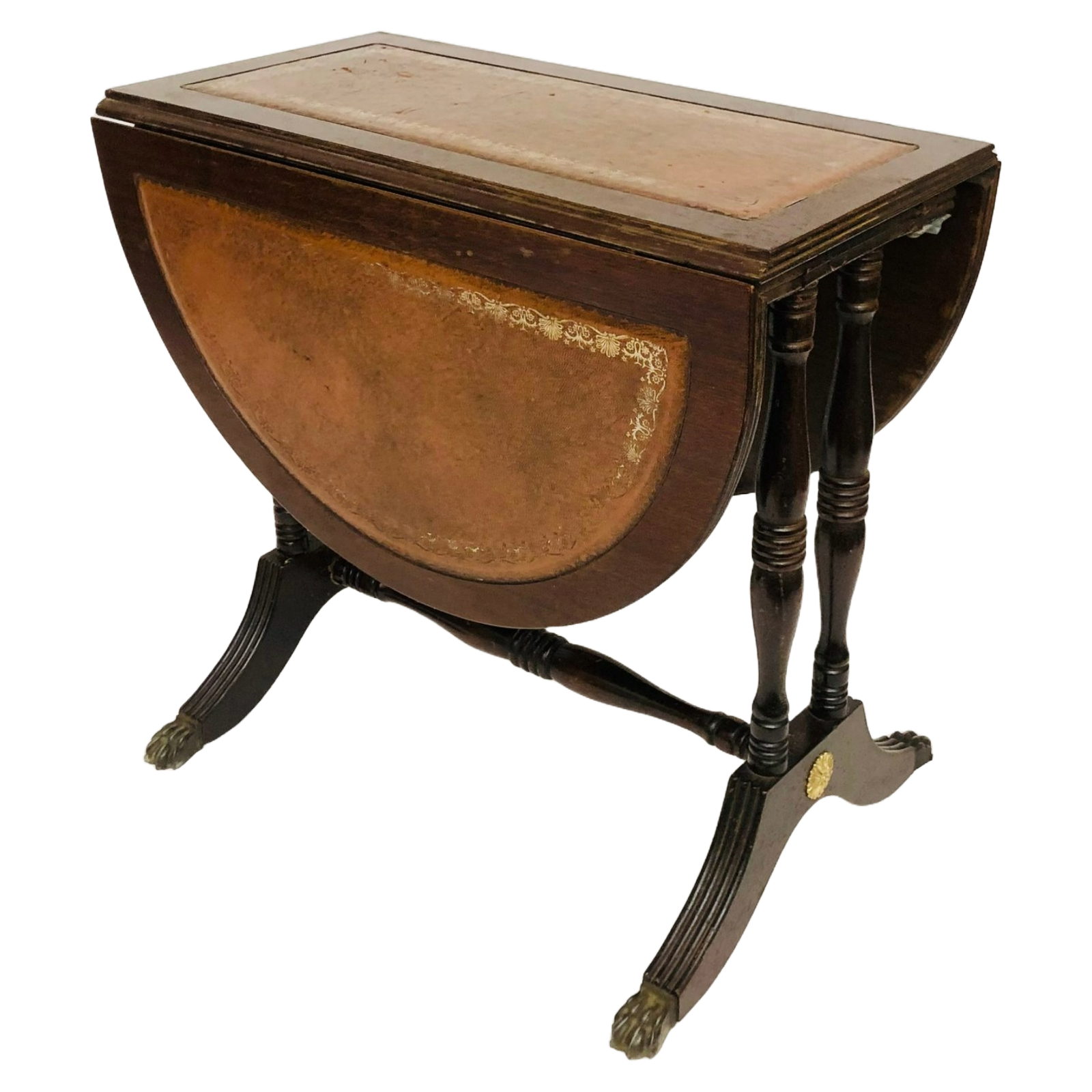 Vintage Mahogany Drop Leaf Table with Leather Top and Brass Claw Feet, 1950s