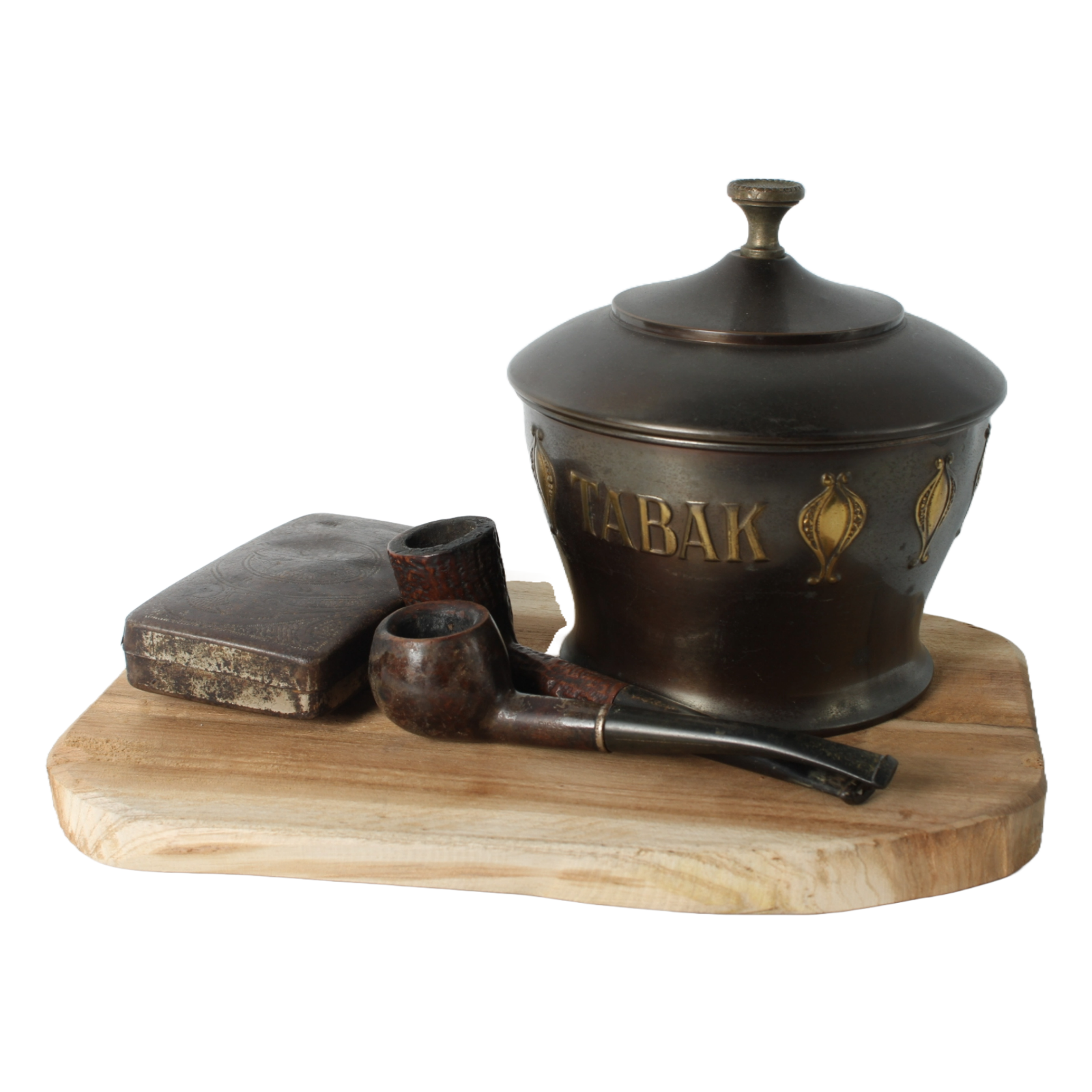 Vintage metal tobacco jar with wooden pipes, tin box and rustic wooden tray