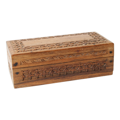 Hand-Carved Wooden Storage Box from India with Floral Motifs