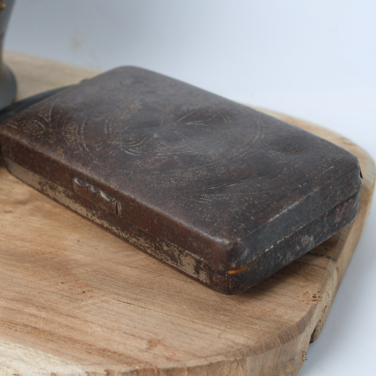 Vintage metal tobacco jar with wooden pipes, tin box and rustic wooden tray