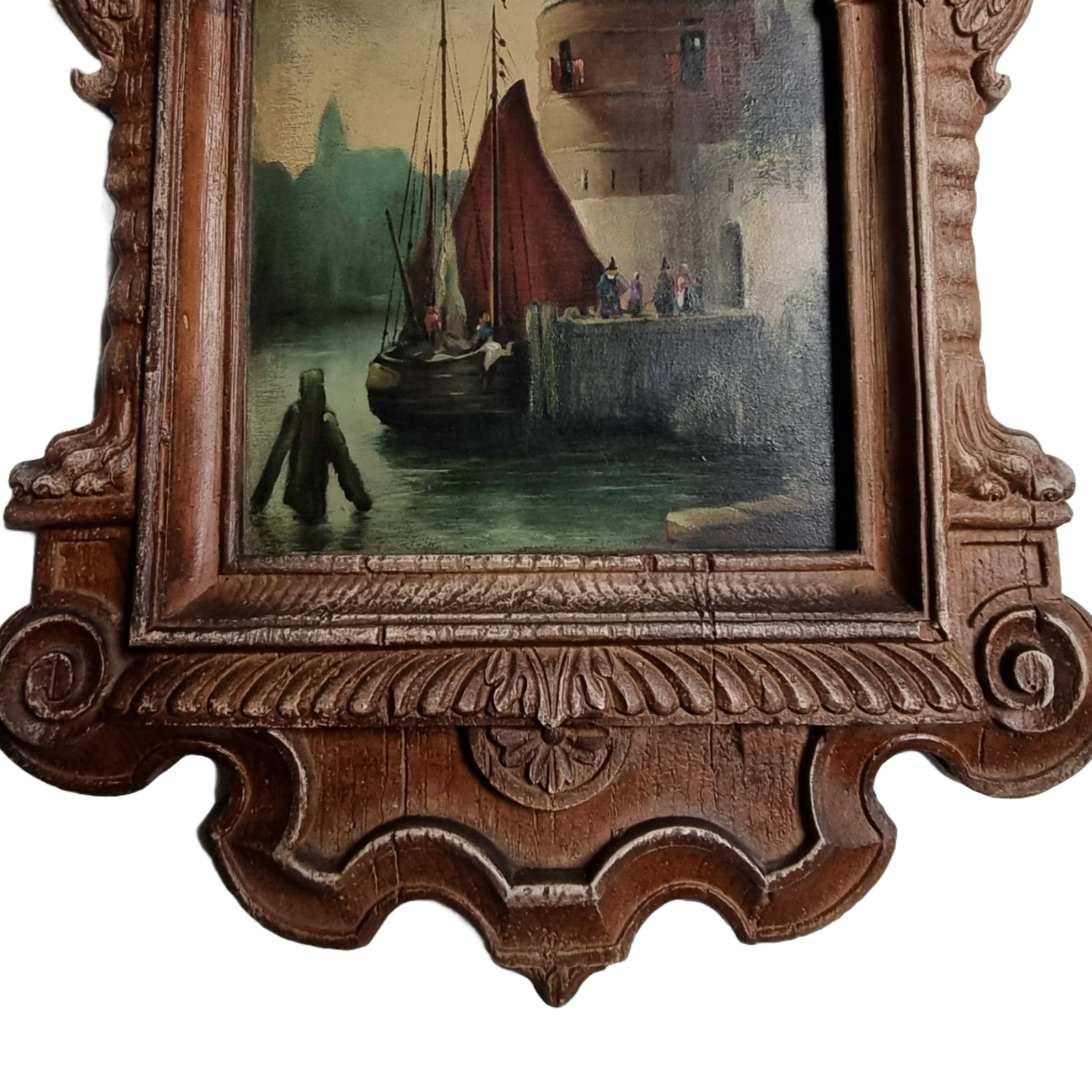 Antique Wooden Mirror Panel with Hidden Painting – Dutch Harbor Scene