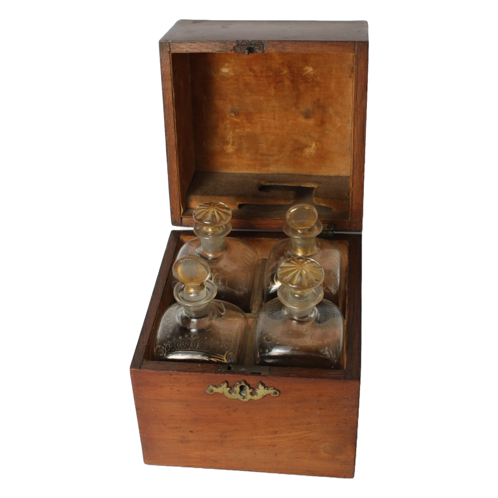 Antique Wooden Tantalus Liquor Box with Four Hand-Blown Decanters – ca. 1850