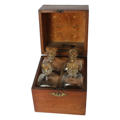 Antique Wooden Tantalus Liquor Box with Four Hand-Blown Decanters – ca. 1850