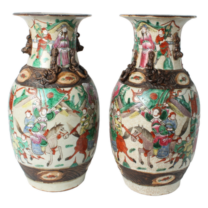 Rare Pair of Antique Chinese Temple Vases in Porcelain with Warrior and Relief