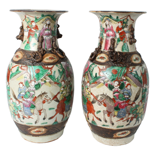Rare Pair of Antique Chinese Temple Vases in Porcelain with Warrior and Relief