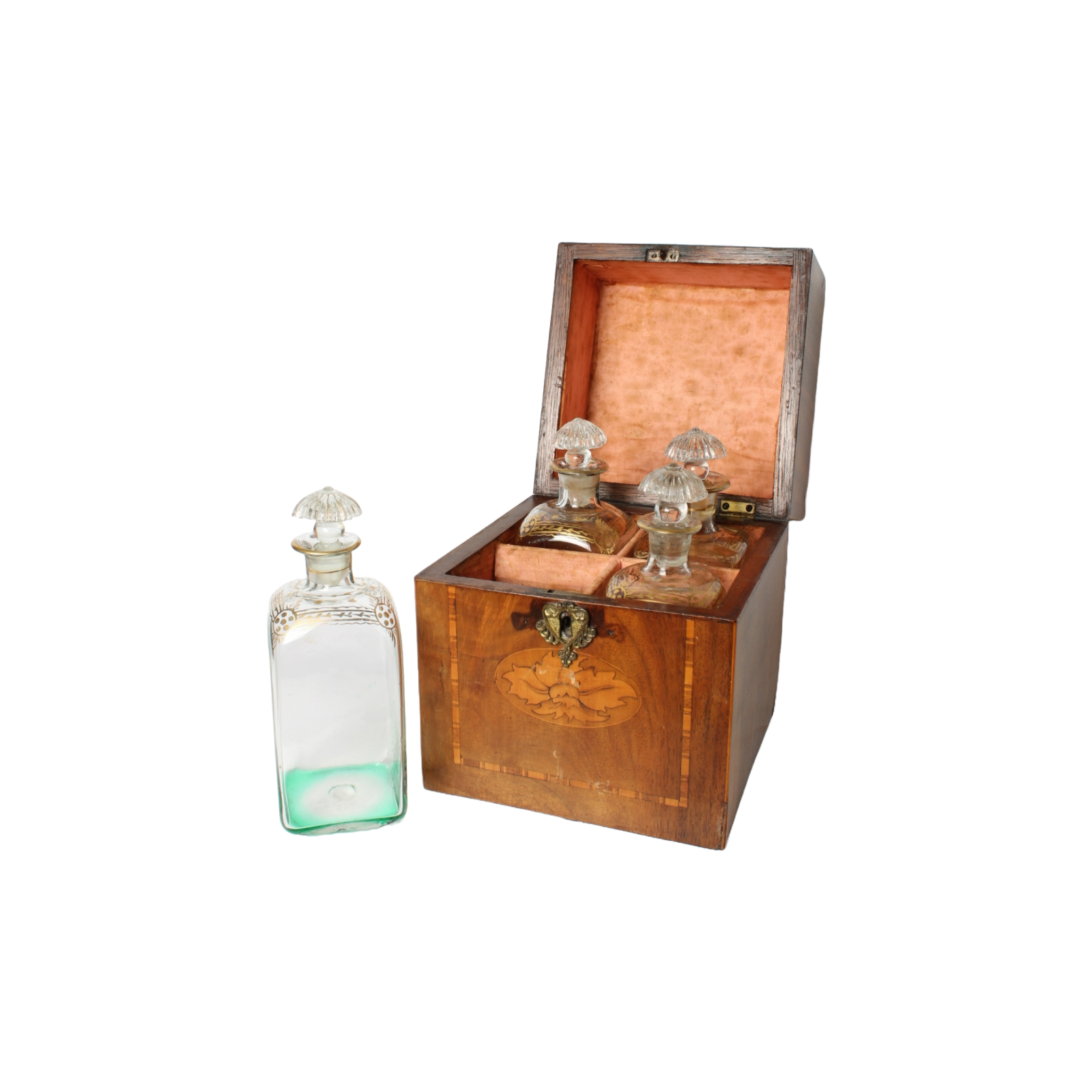 Antique Mahogany Liquor Caddy | 19th-Century Box with Crystal Decanters & Gold