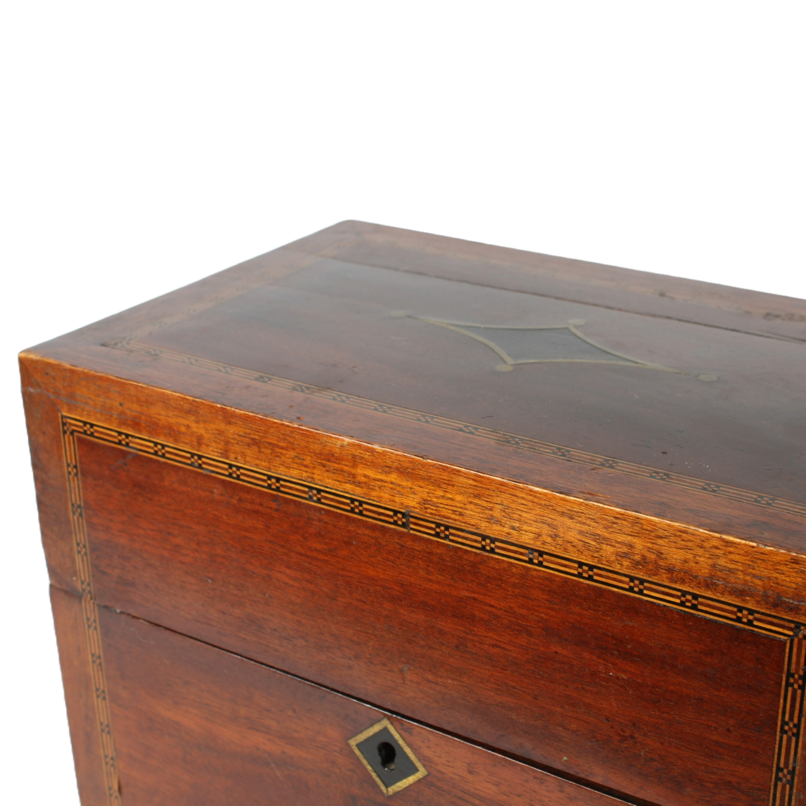 Antique mahogany liquor chest with six hand-blown gilded glass decanters