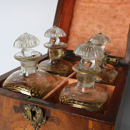Antique Mahogany Liquor Caddy | 19th-Century Box with Crystal Decanters & Gold
