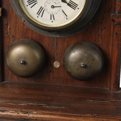 Antique Wooden Mechanical Alarm Clock with Double Bell, Drawer and Pendulum