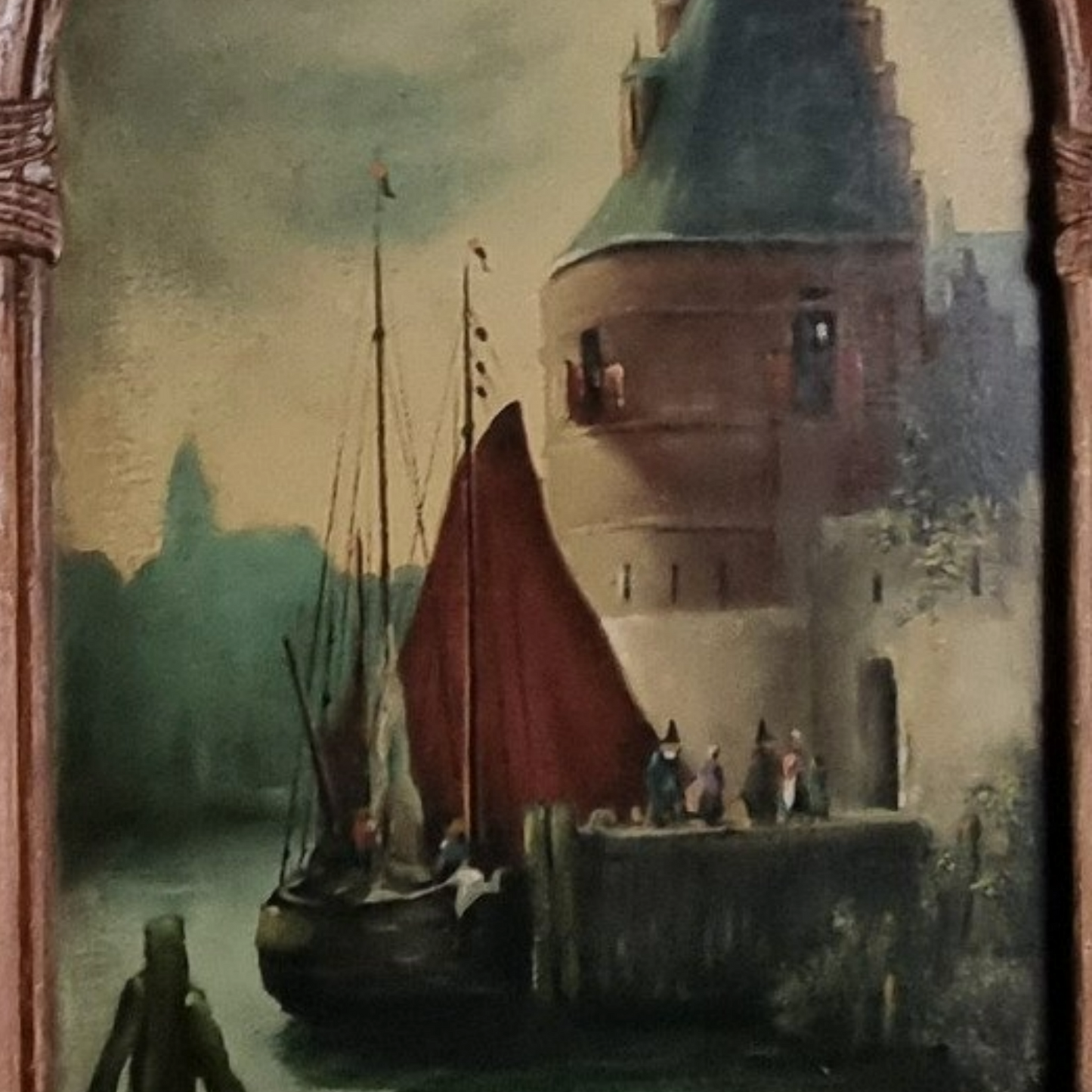Antique Wooden Mirror Panel with Hidden Painting – Dutch Harbor Scene