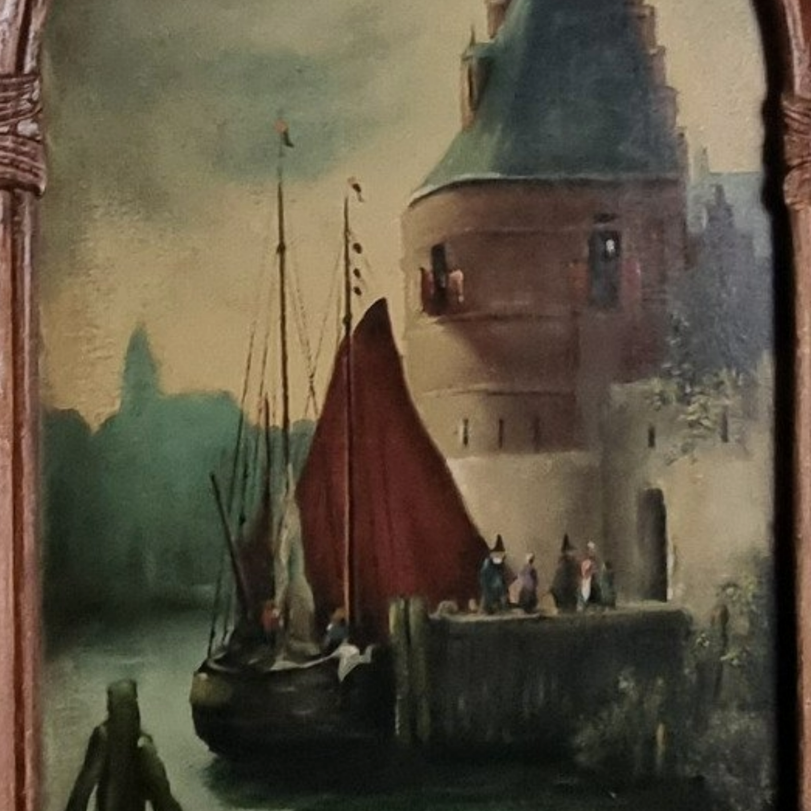 Antique Wooden Mirror Panel with Hidden Painting – Dutch Harbor Scene