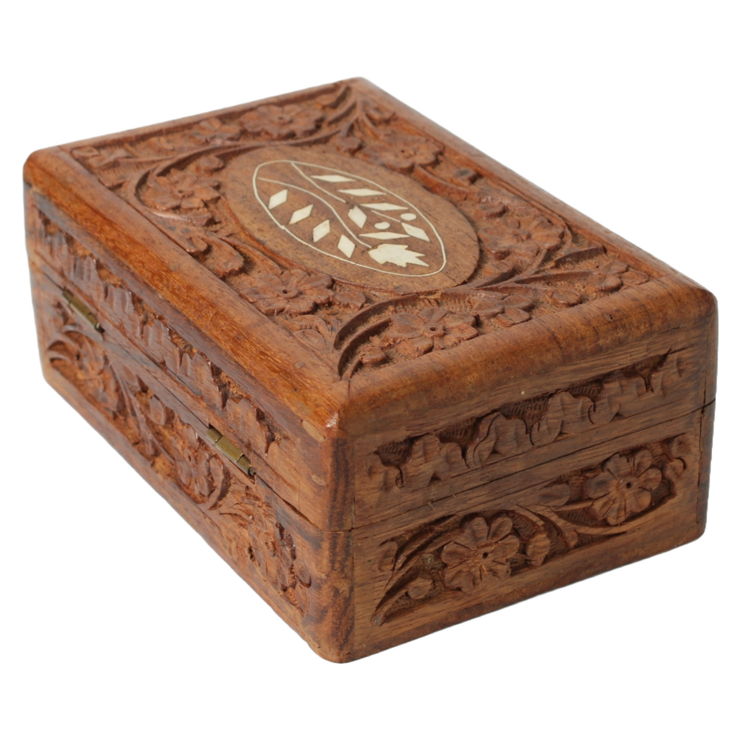 Vintage Hand Carved Floral Inlay Lined Wooden Jewelry Box India Storage Box