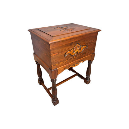 Vintage Scandinavian Sewing Chest on Legs with Hand-Carved Details