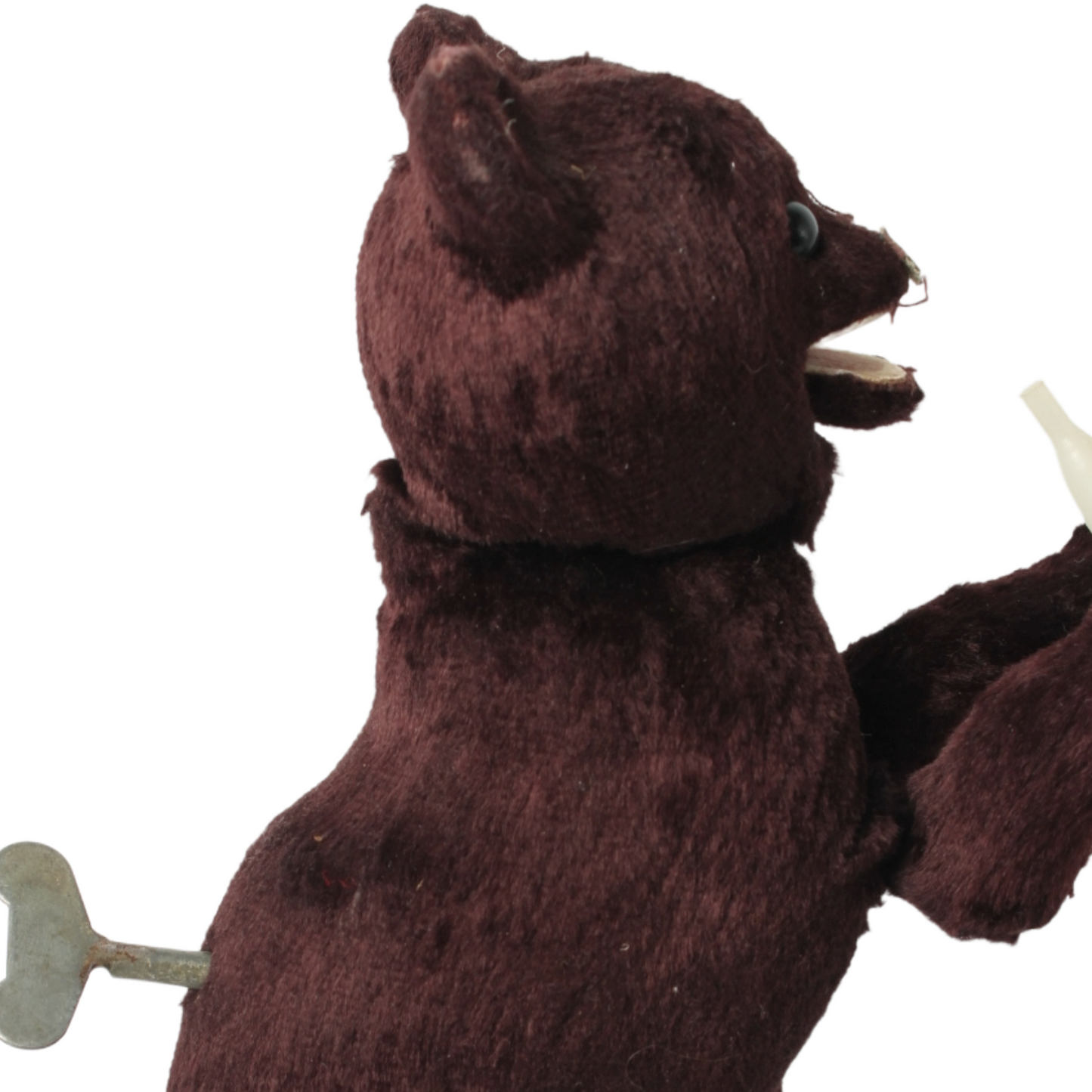 Mechanical Wind-Up Bear with Bottle c. 1930–1960 | Dark Brown Plush Toy Bear