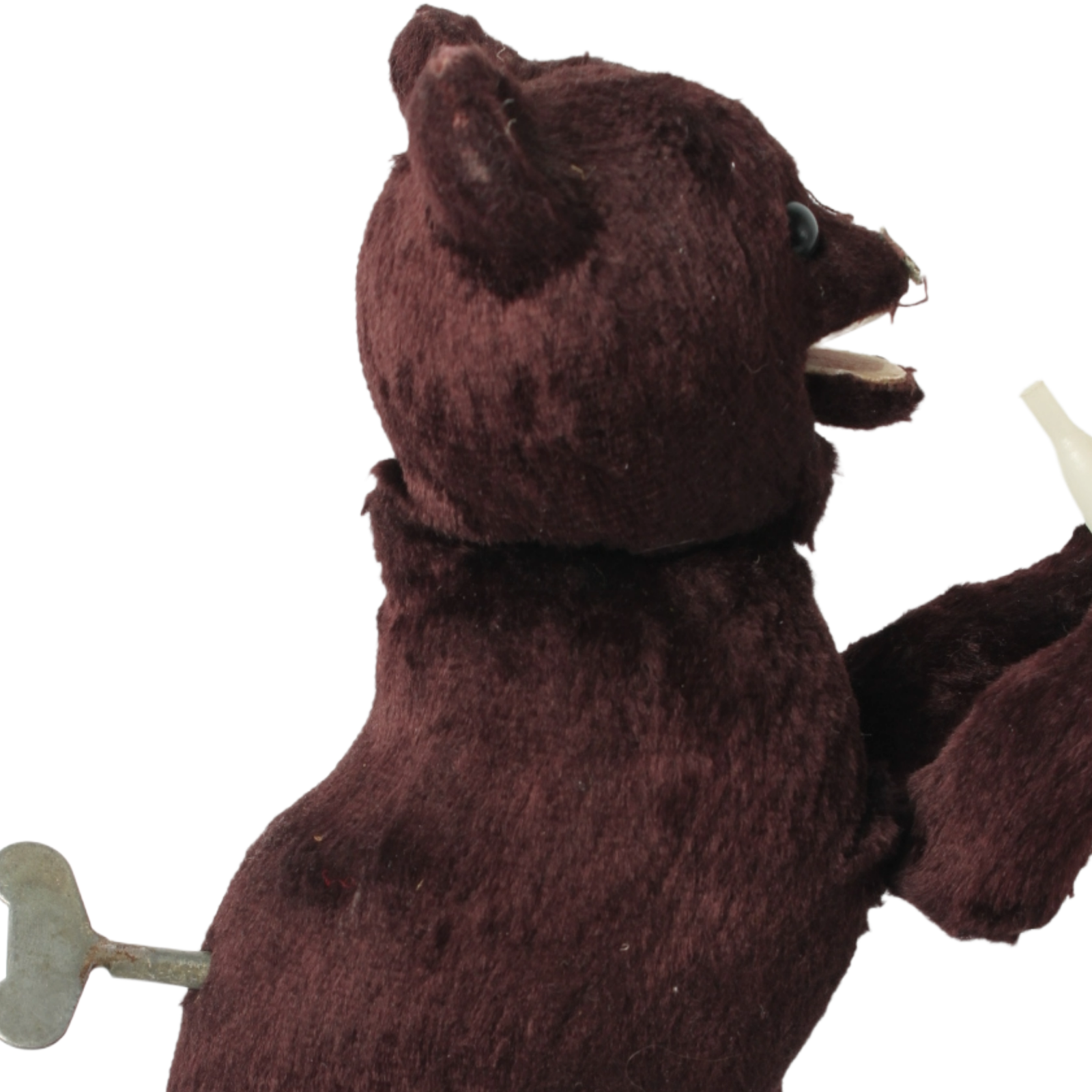 Mechanical Wind-Up Bear with Bottle c. 1930–1960 | Dark Brown Plush Toy Bear