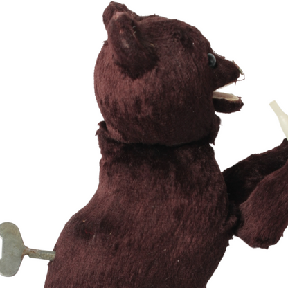 Mechanical Wind-Up Bear with Bottle c. 1930–1960 | Dark Brown Plush Toy Bear